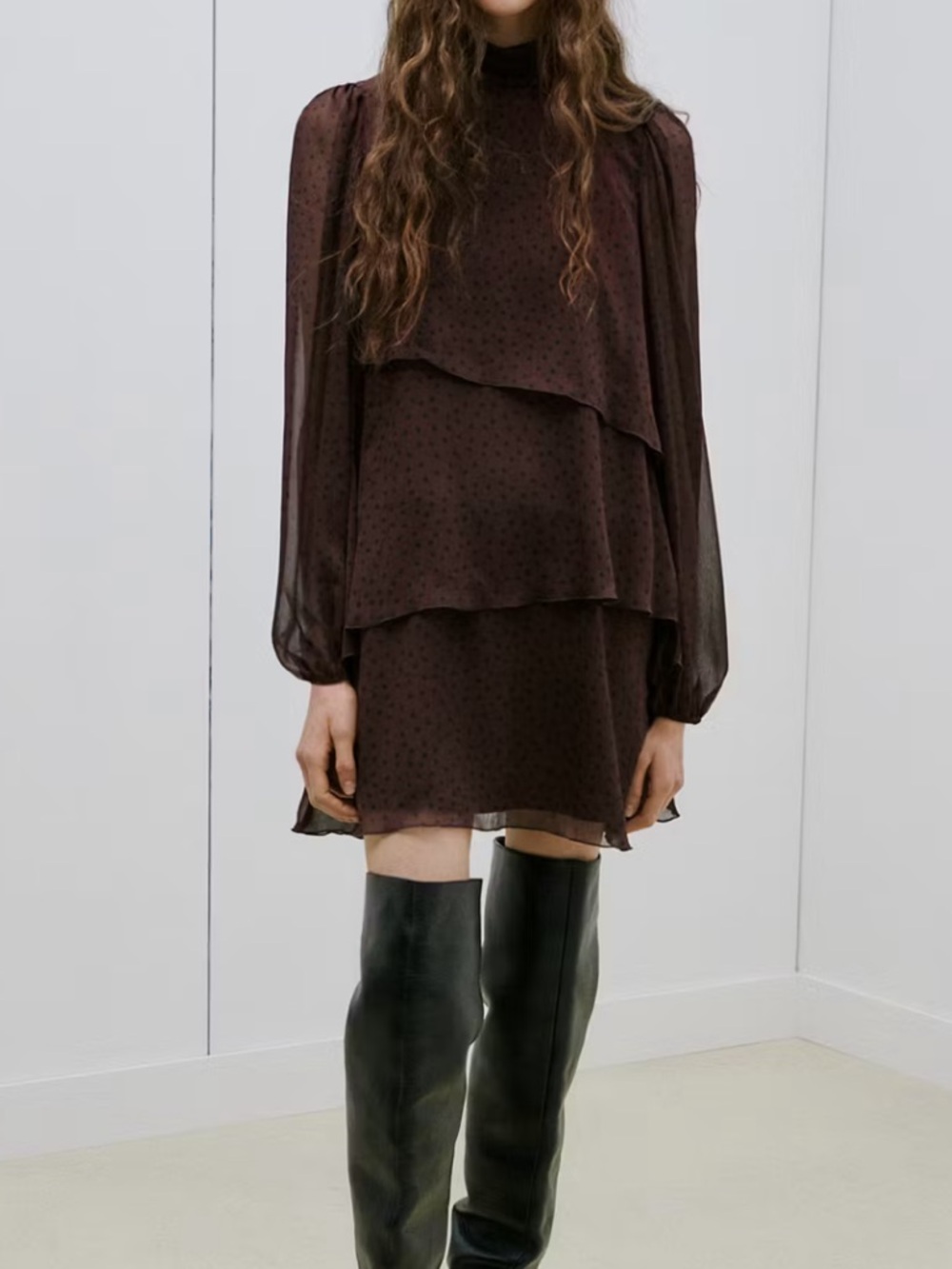 Mango Brown Polka Dot Tiered Long-Sleeve Dress POLKA-DOT DRESS WITH RUFFLES 4100